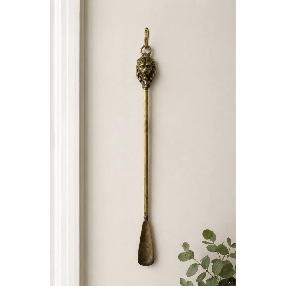 Vintage 18.5" Solid Brass Lion Head Long Handle Shoe Horn Made in India